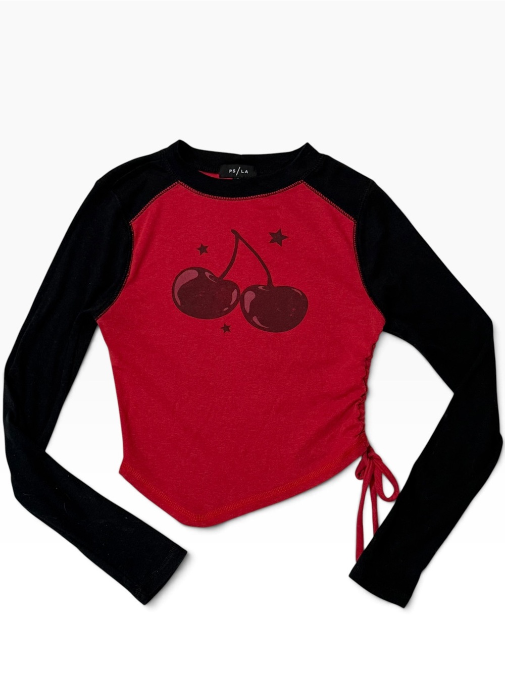 PS/LA Pacsun Y2K Red Black Cherry Graphic Long Sleeve Side Tie Top S